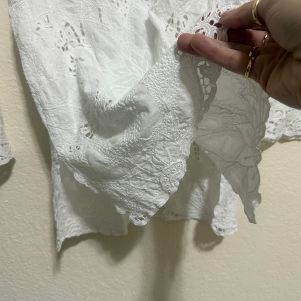 Hibis Women White Eyelet Lace Floral Embroidery Tunic V-Neck 3/4 Sleeve Top - Picture 4 of 11